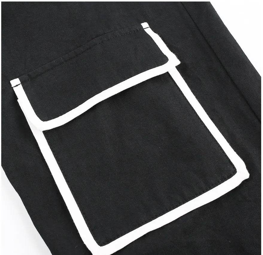 White Stripe Cargo Pants Women Trousers Pockets Patchwork Contrast Color High Waist Pants Hip Hop Capris