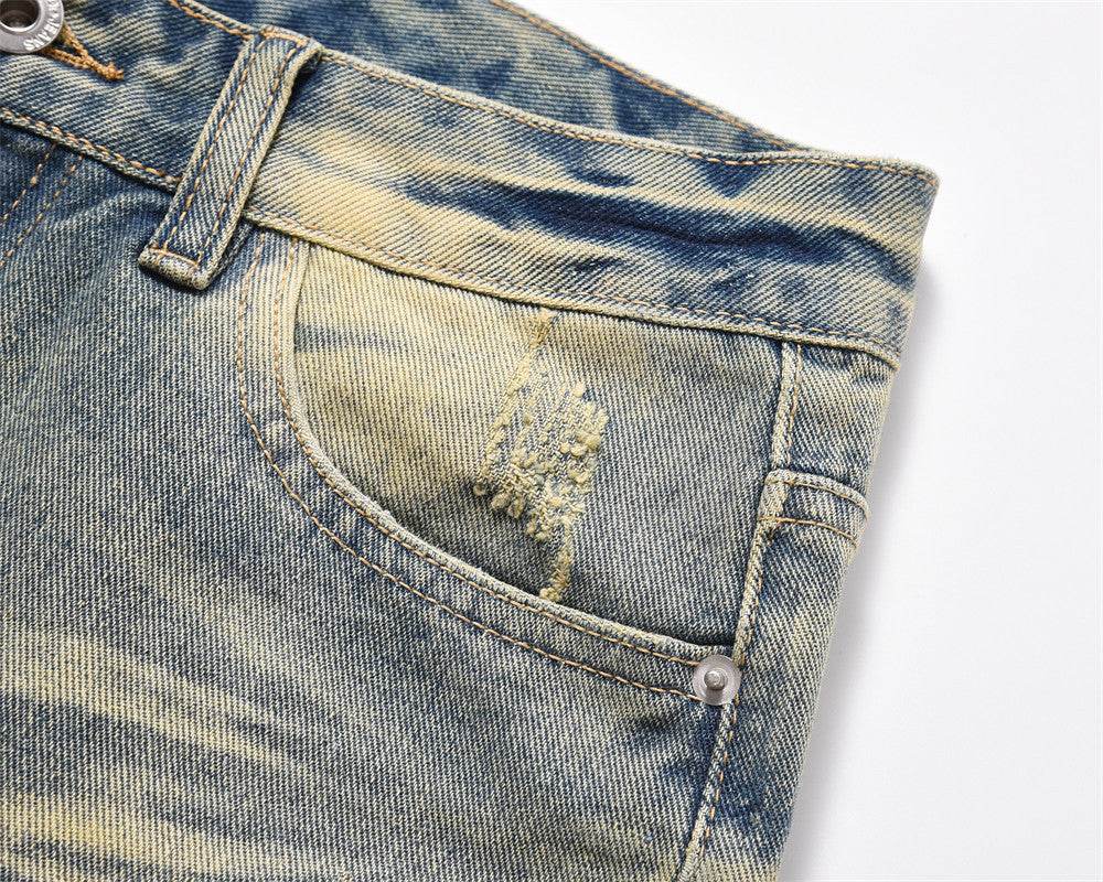 Distressed Scratches Denim Straight-leg Pants Men Jeans