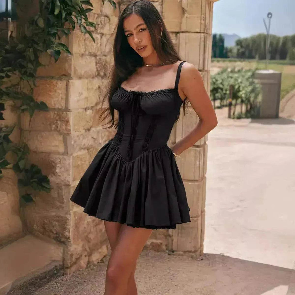 Elegant Chic Women Suspender Mini Skater Dress Summer Fashion Lace-up Slim Waist Pleated Short Dresses For Evening Party Cocktail Occasions