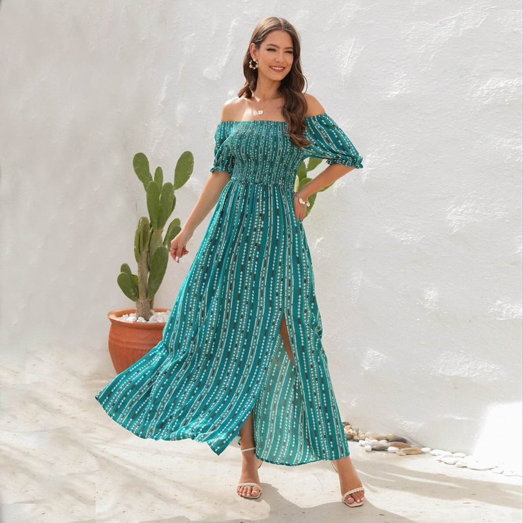 Elegant Off shoulder Spring Summer Maxi dress Slit Chiffon maxi dress for Beach vacation resort travel