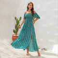 Elegant Off shoulder Spring Summer Maxi dress Slit Chiffon maxi dress for Beach vacation resort travel
