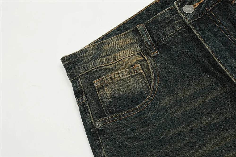 Washed Yellow Denim Bootcut Jeans Pants Men