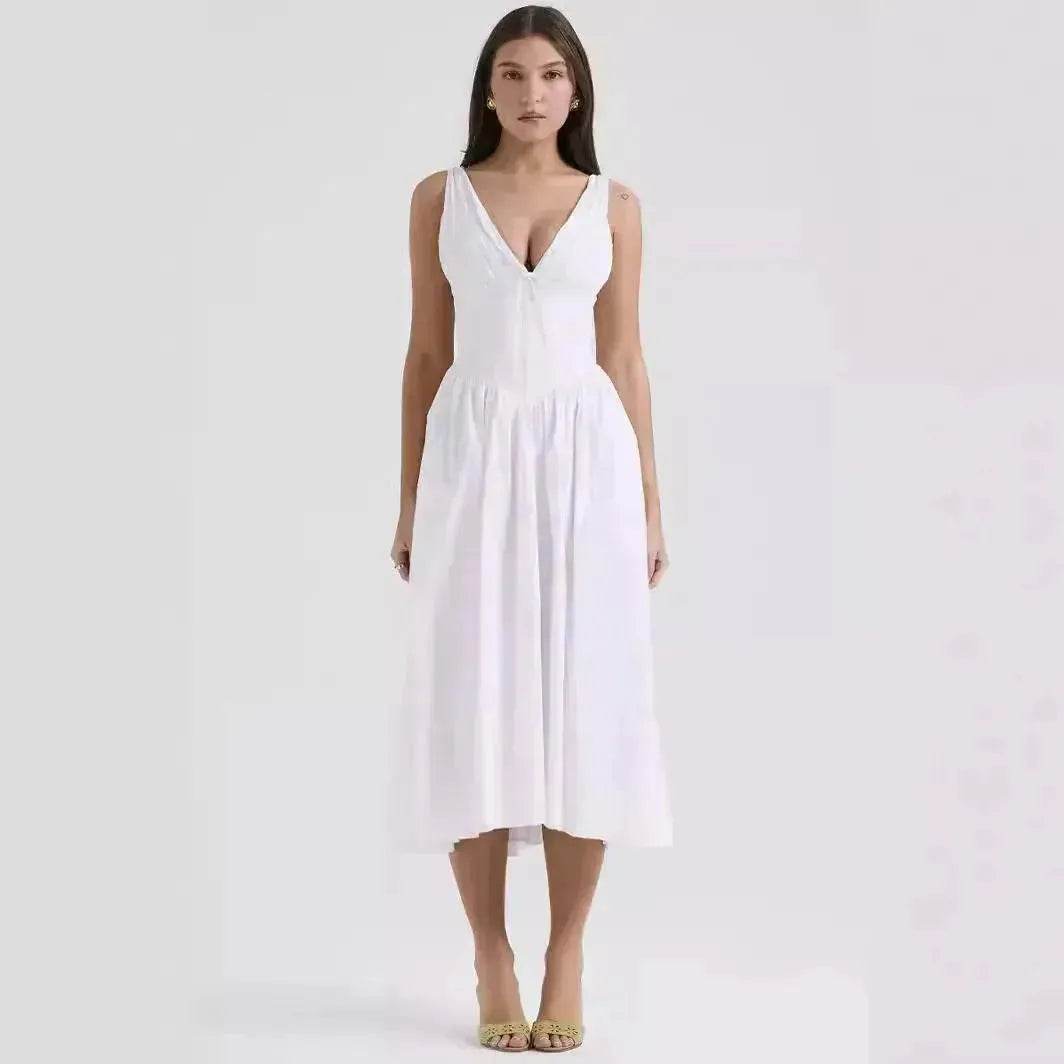 Women's Summer French Seaside Vacation Waist-tight Temperament Midi Skater Dress