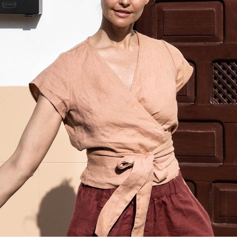 Women's Cotton Linen Lace-Up V-Neck Blouse
