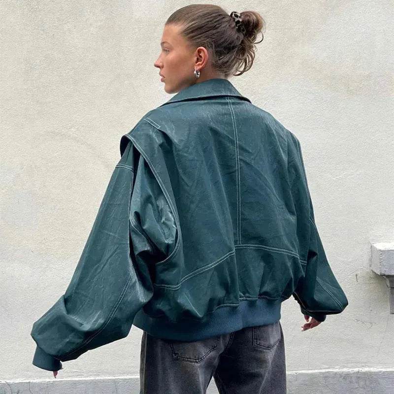 Oversized Fashion Zip-up Lapel Leather Jacket for women