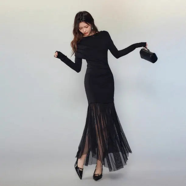 Black Panel Mesh Dress Women