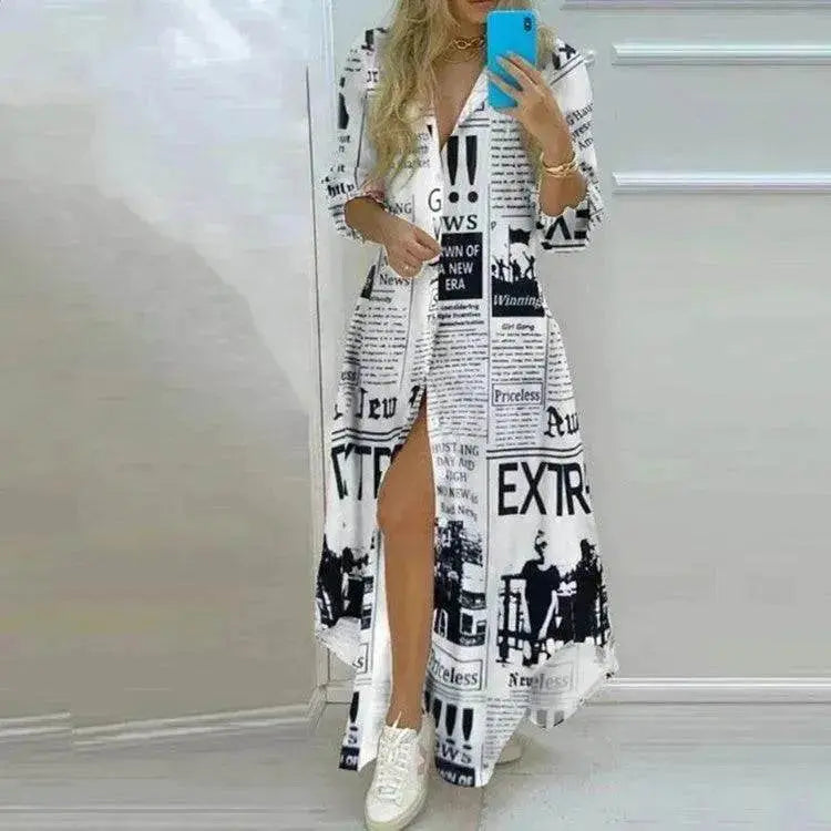 Button Fashion Print Long Sleeve Shirt Charming Dress Women