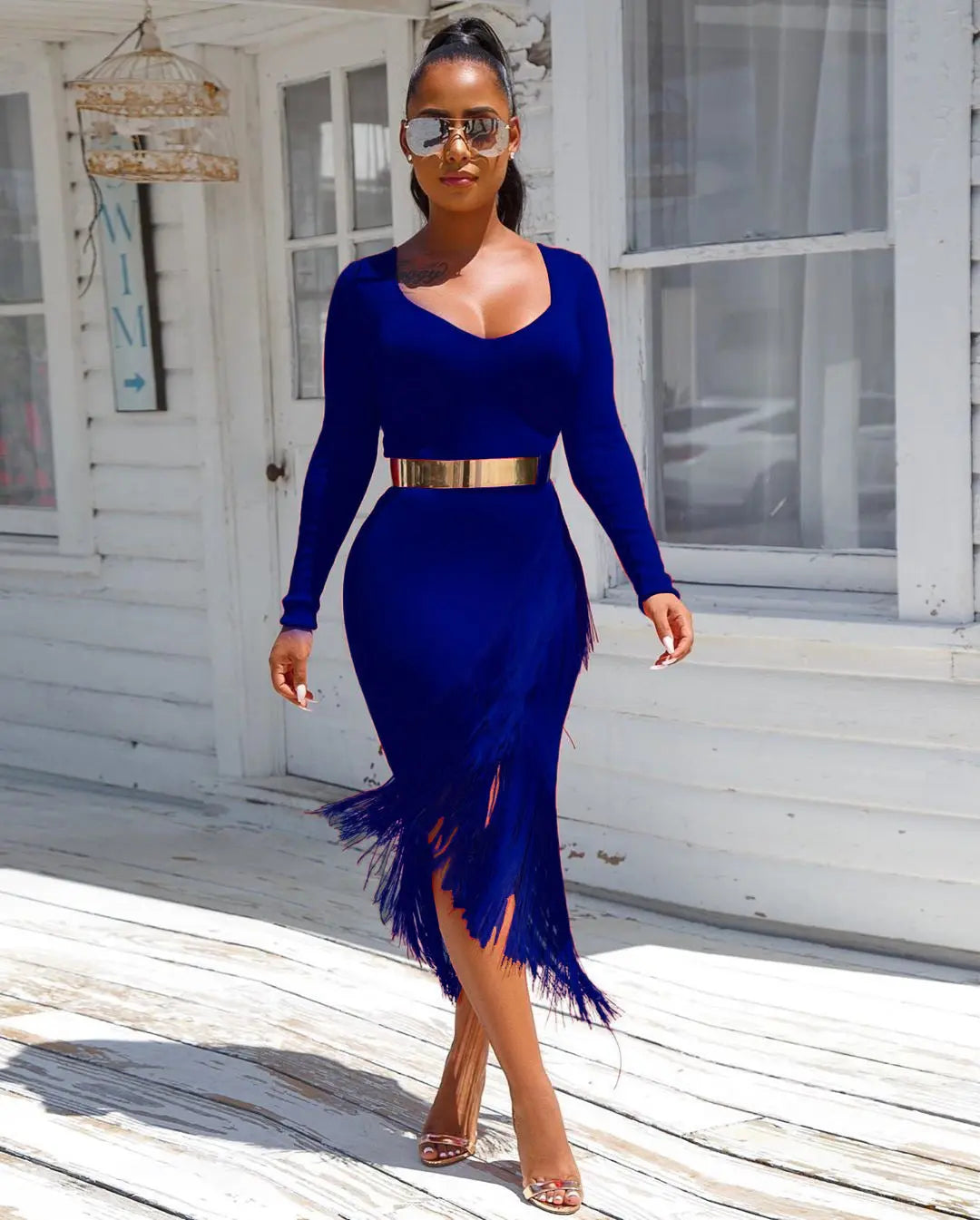 Chic Long Sleeve Tassel Fringed Bodycon Dress