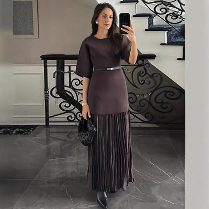Elegant Brown Patchwork Pleated Short Sleeves Long Dress