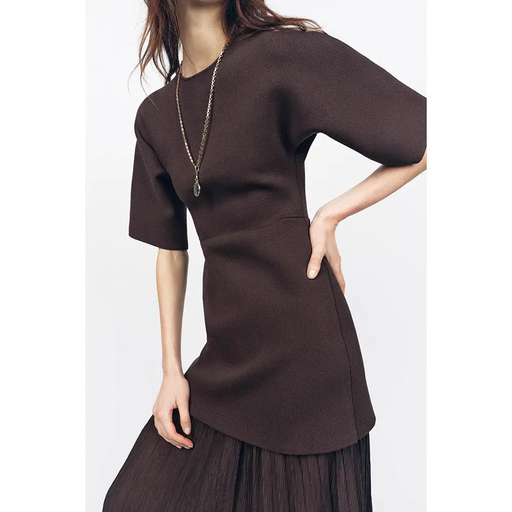 Elegant Brown Patchwork Pleated Short Sleeves Long Dress