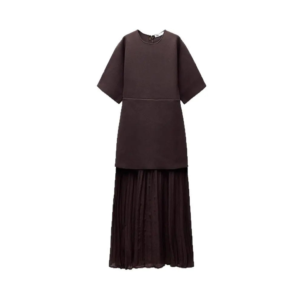 Elegant Brown Patchwork Pleated Short Sleeves Long Dress