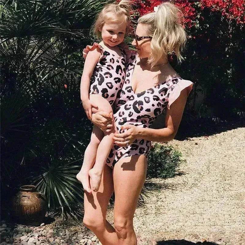 Fashion Simple Pink Leopard Print Parent-child Swimsuit