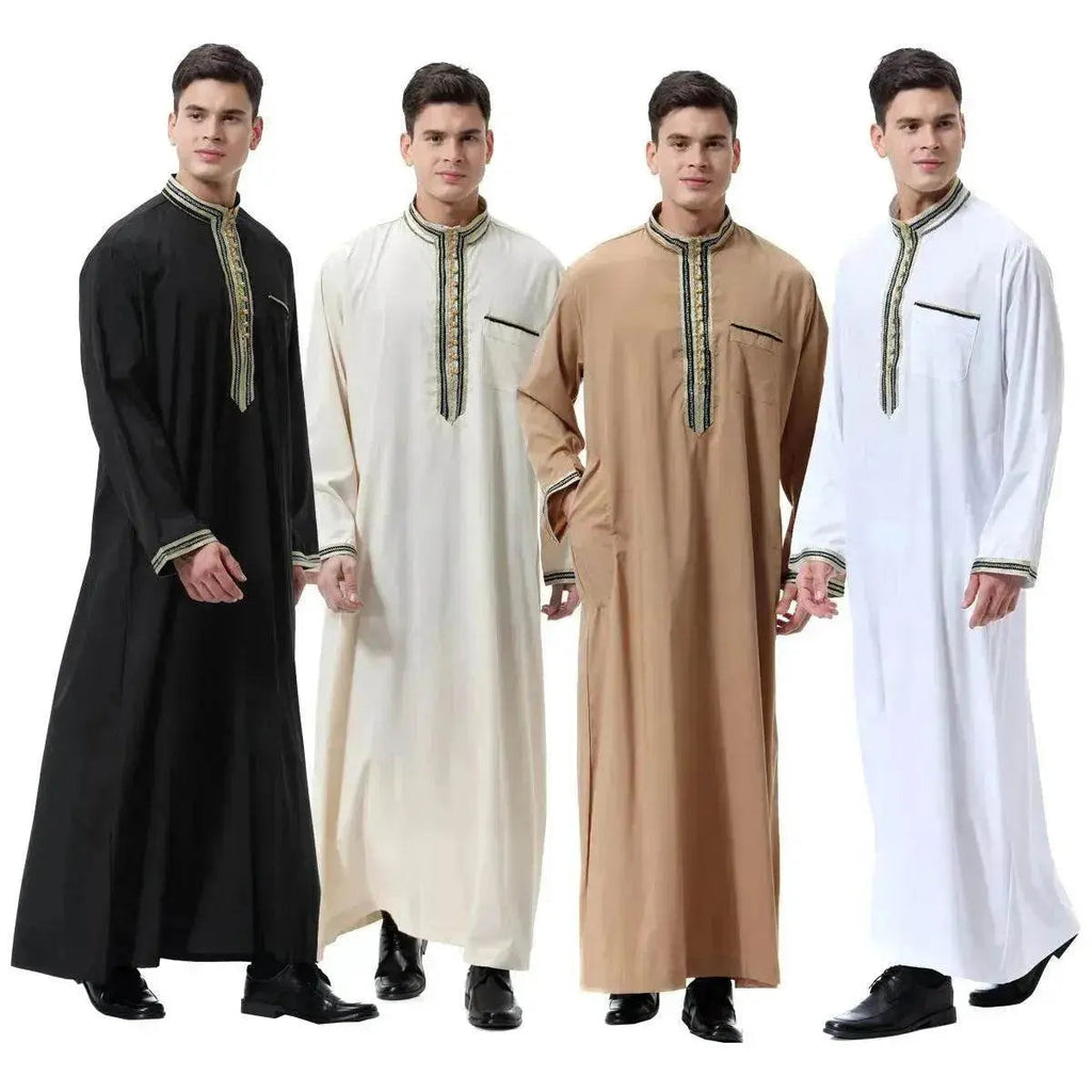 Fashionable and Elegant Arab Middle East Men's Applique Stand Collar Robe, TH810 Moroccan Men's Jalabiya