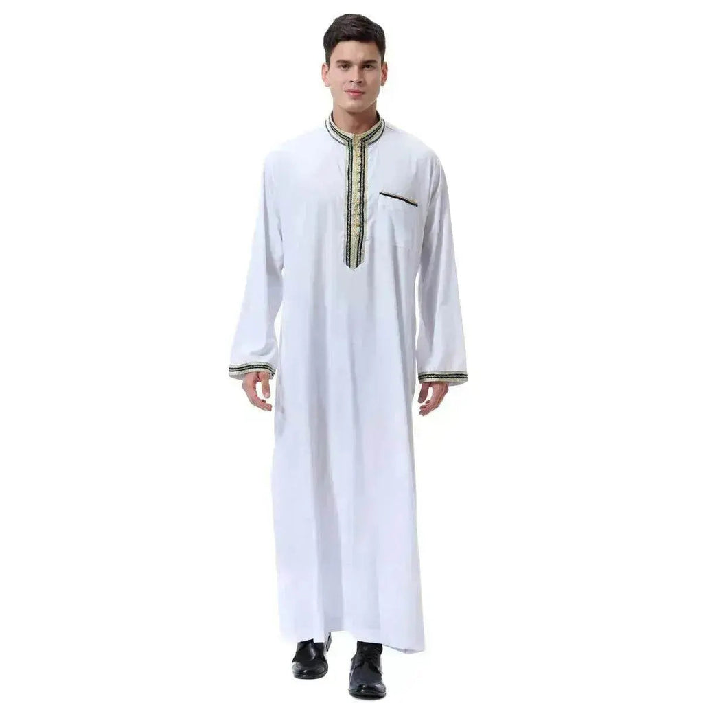 Fashionable and Elegant Arab Middle East Men's Applique Stand Collar Robe, TH810 Moroccan Men's Jalabiya