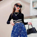 Girls' Suit Western Style Big Kids Autumn Loose Jeans Big Kids Long-sleeved Bottoming Shirt