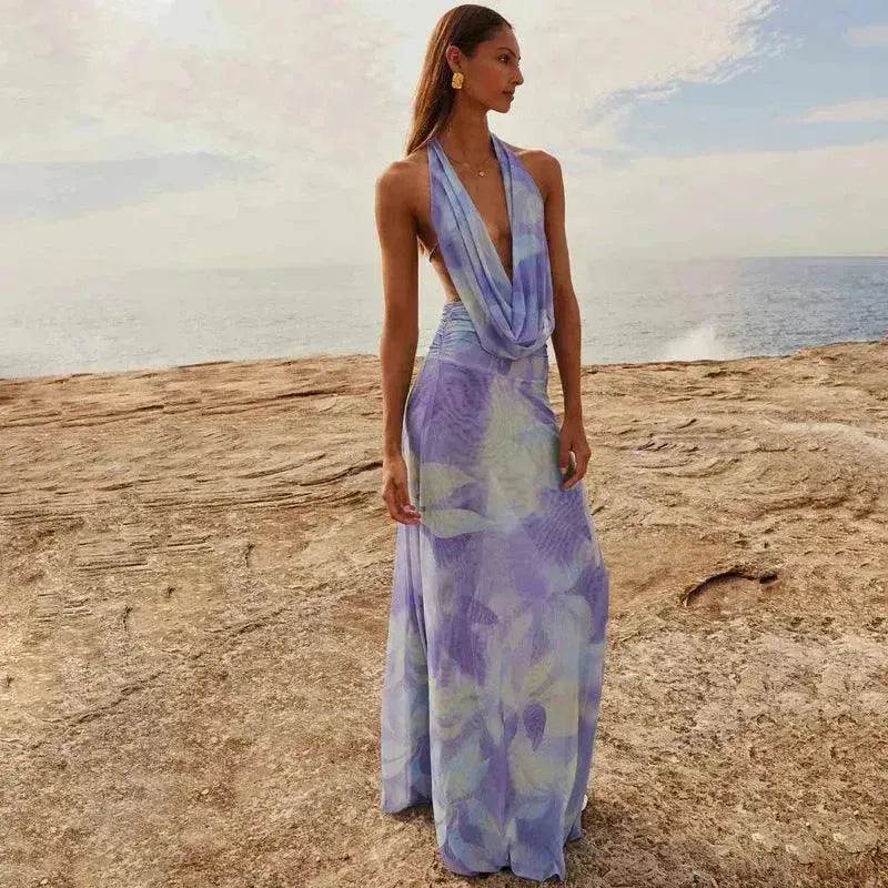 Ink Printed Deep-V Backless Pleated Skirt Suit