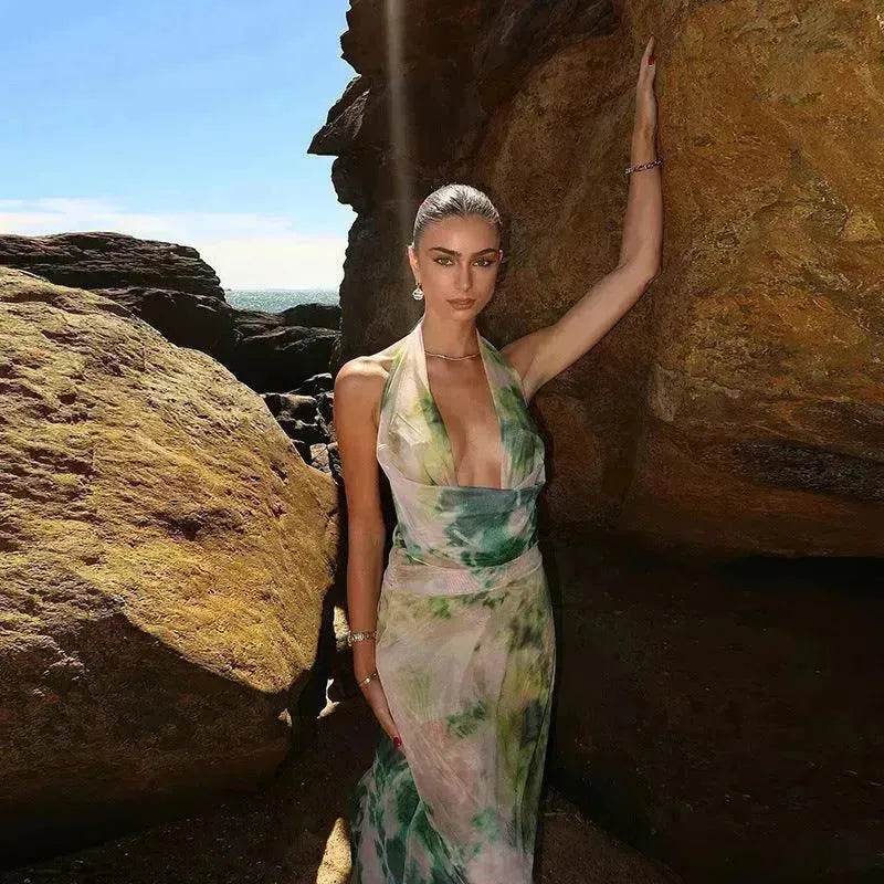 Ink Printed Deep-V Backless Pleated Skirt Suit