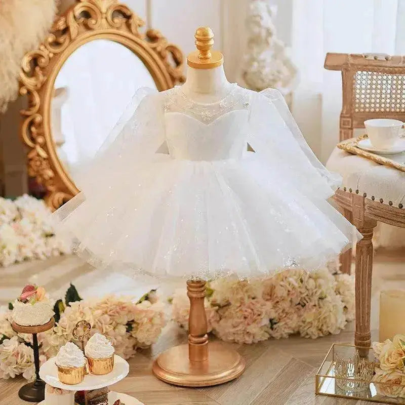 Long Sleeve Handmade Pearl Embroidery Children Princess Dress Gown