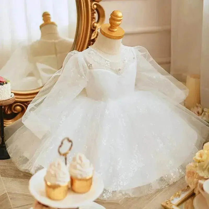 Long Sleeve Handmade Pearl Embroidery Children Princess Dress Gown