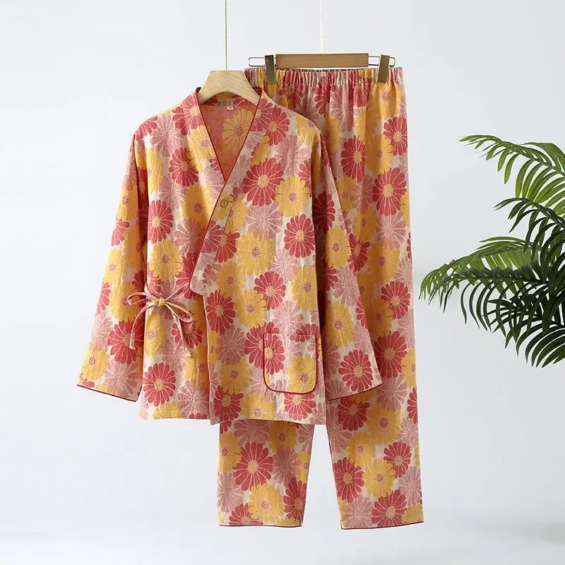 New Chinese Style Spring And Autumn Double Pure Cotton Gauze Pajamas For Women