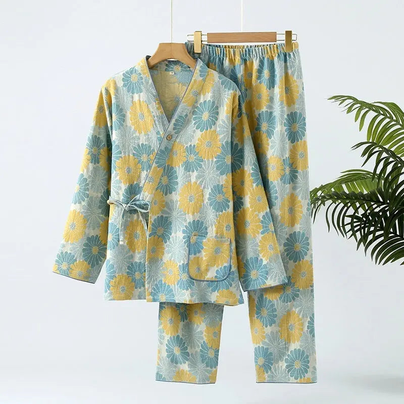 New Chinese Style Spring And Autumn Double Pure Cotton Gauze Pajamas For Women