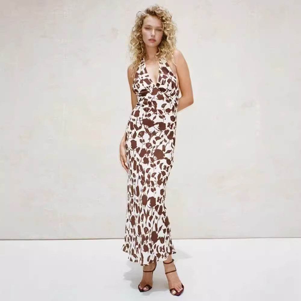 French Vest Printed Midi Floral Summer New Elegant Backless V-neck Halter Dress