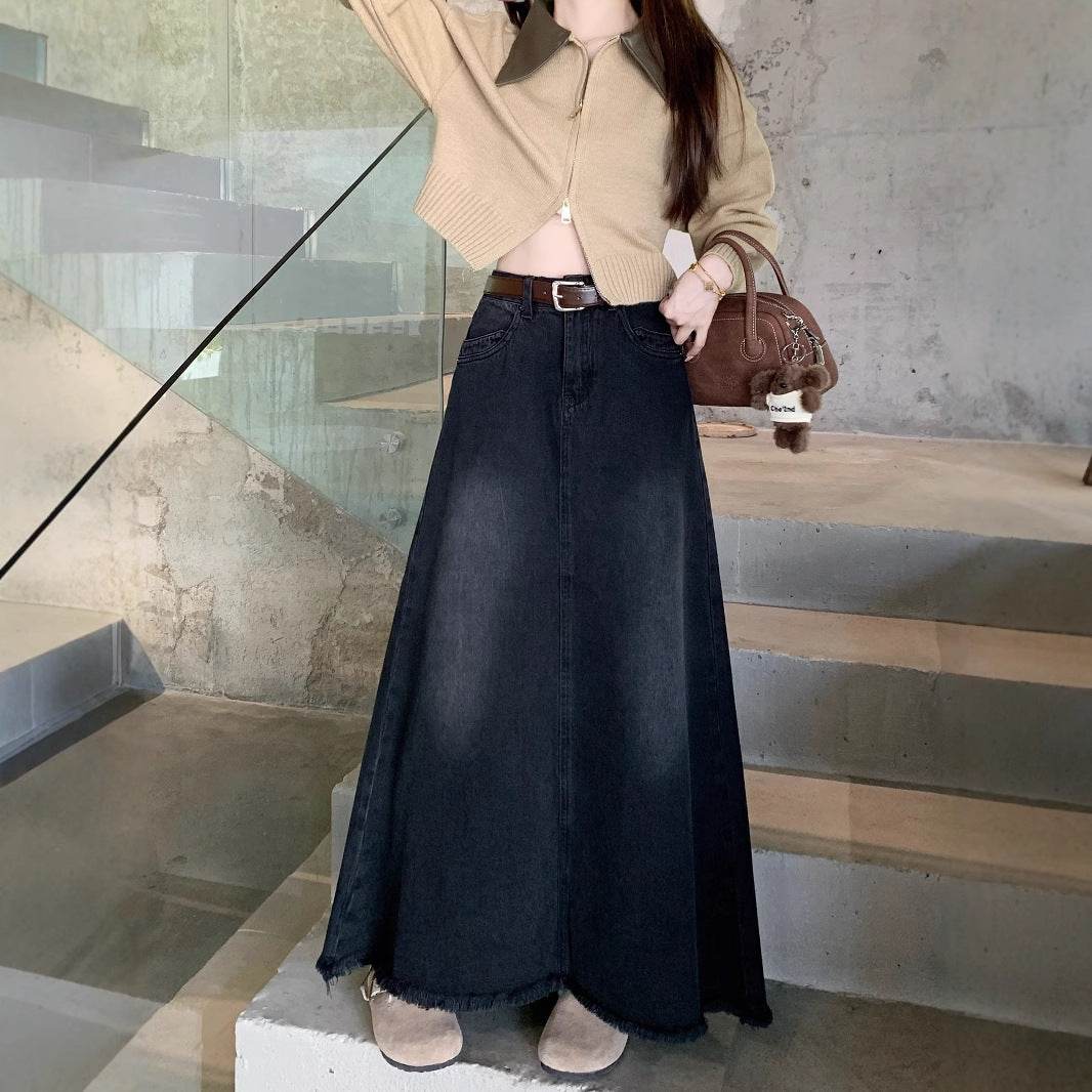 Long Denim Skirt Solid Cotton A Line Style