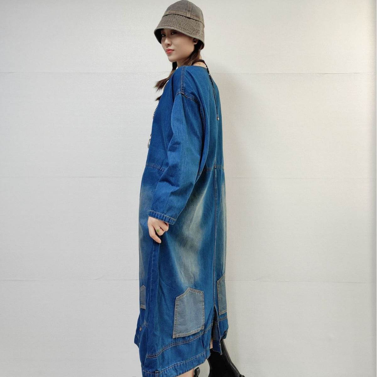 Loose-fitting Casual Round-neck Long-sleeved Oversized Long Denim Dress