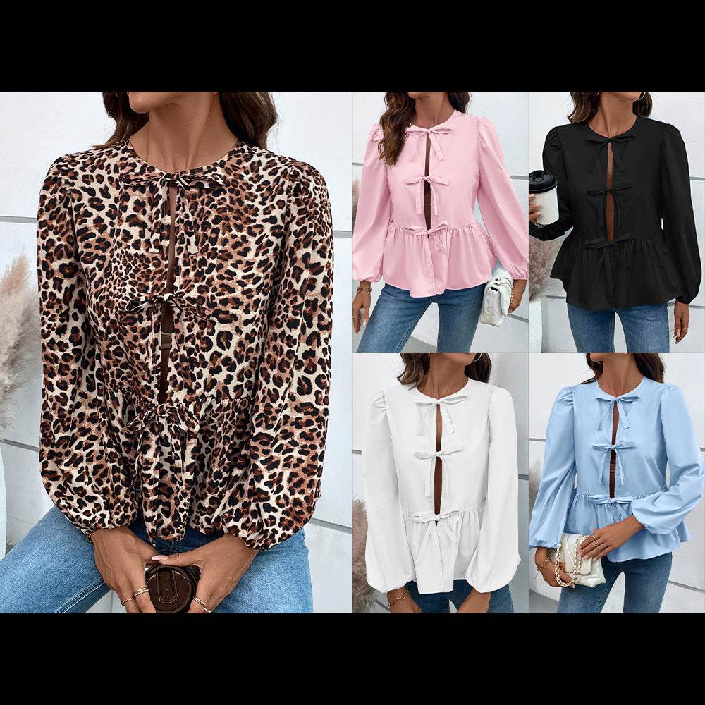 Casual Loose Lantern sleeve Buckle blouse Top For Women