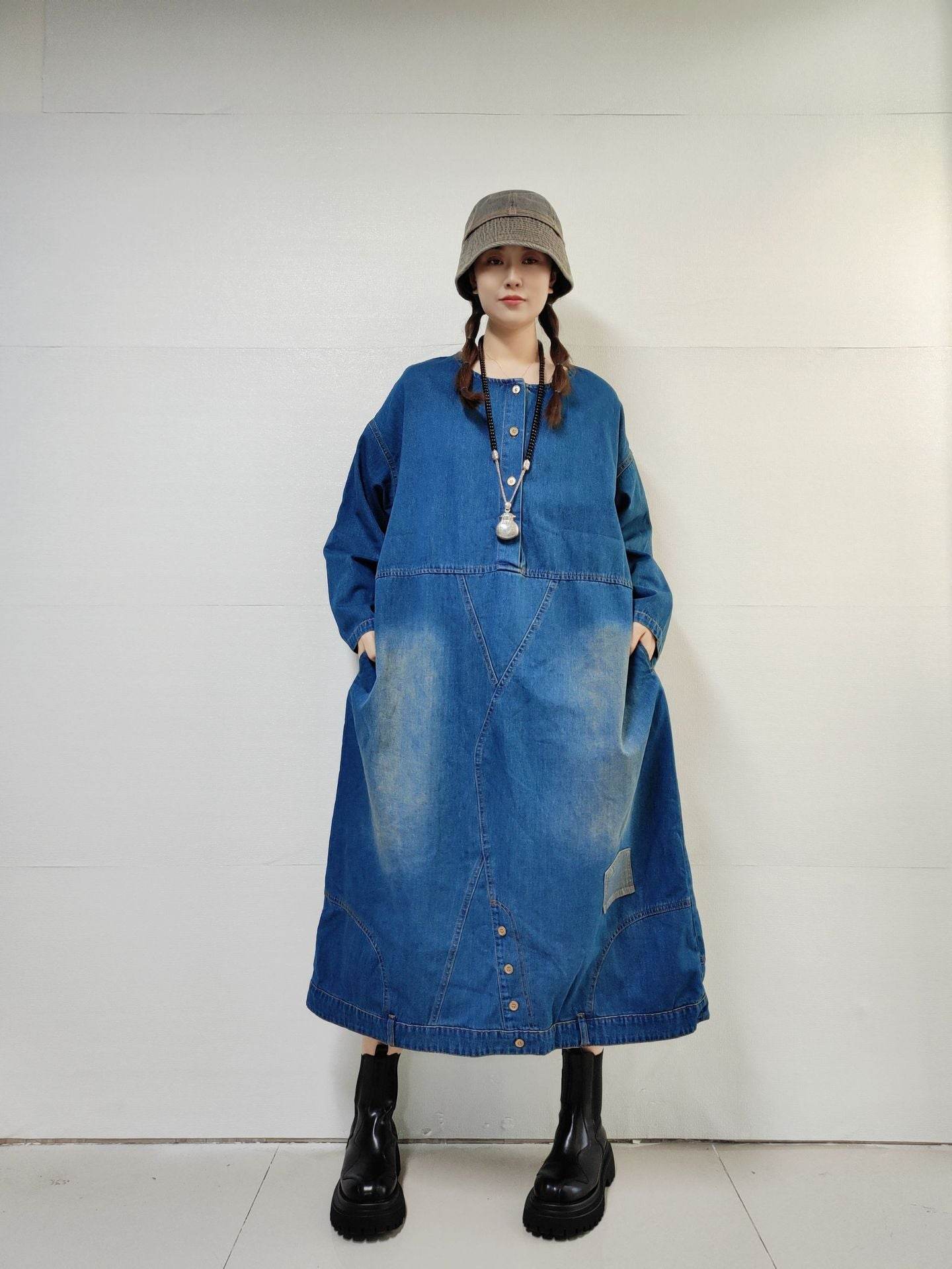 Loose-fitting Casual Round-neck Long-sleeved Oversized Long Denim Dress