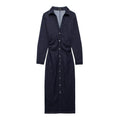 European And American Style Fashion Dark Blue Long sleeve Denim Shirt Dress
