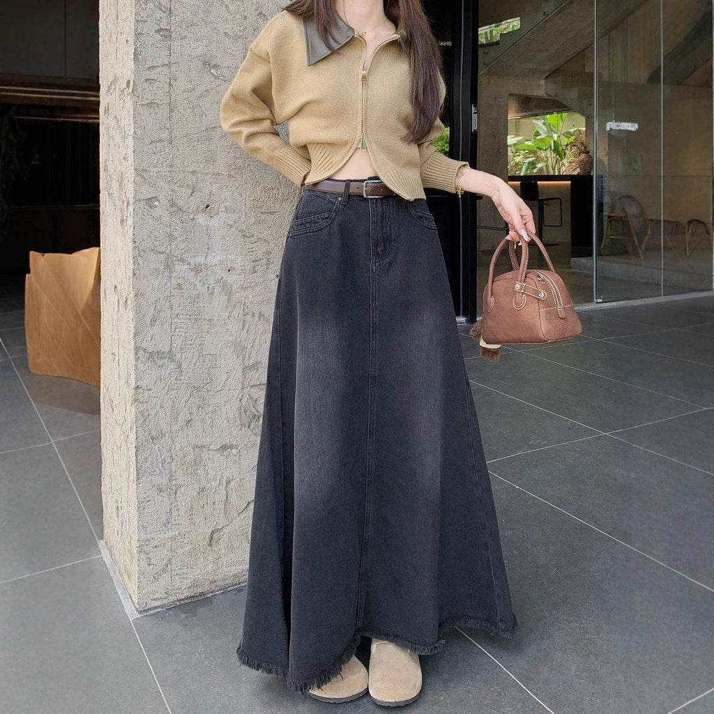 Long Denim Skirt Solid Cotton A Line Style