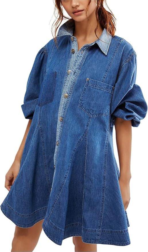 Women's Long Lantern Sleeve Button Denim Dress