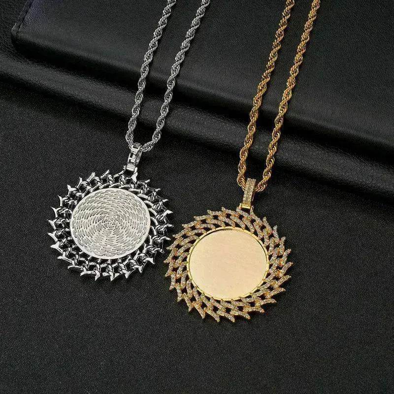 Round Diamond Sun Flower Frame Couple Commemorative Necklace