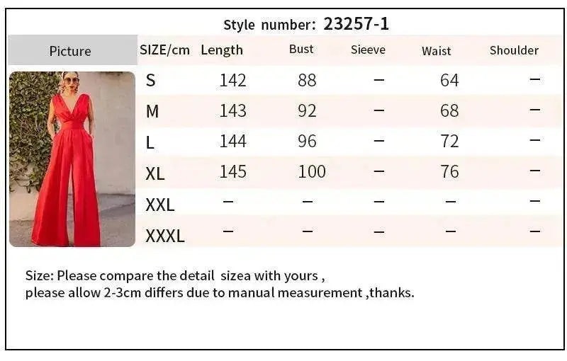 Solid Color And V-neck High Waist Wide Leg Jumpsuit