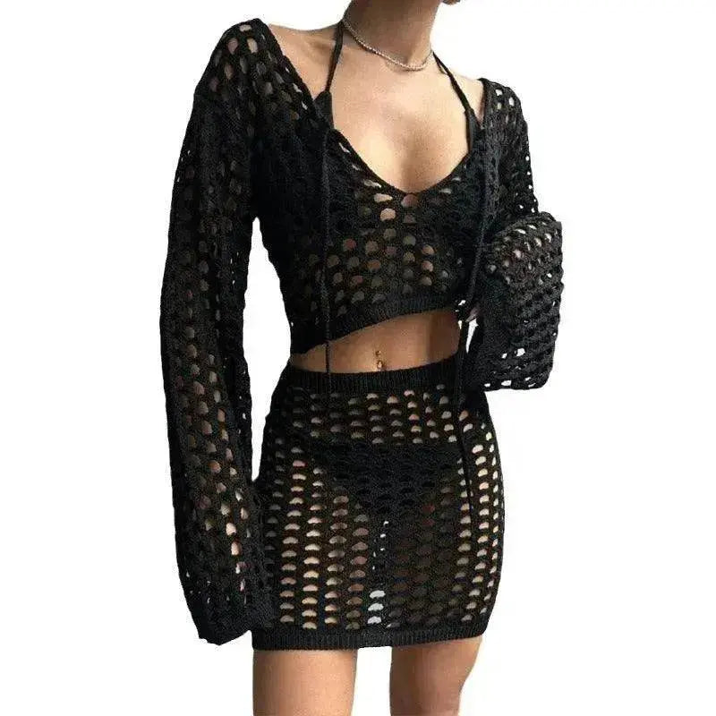 Solid Color Knitted Stand-up Collar Bikini Swimsuit Blouse Suit