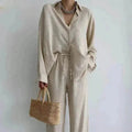 Women's 2 Piece Outfits Set Linen Button down shirt Blouse and straight Leg Pants Set
