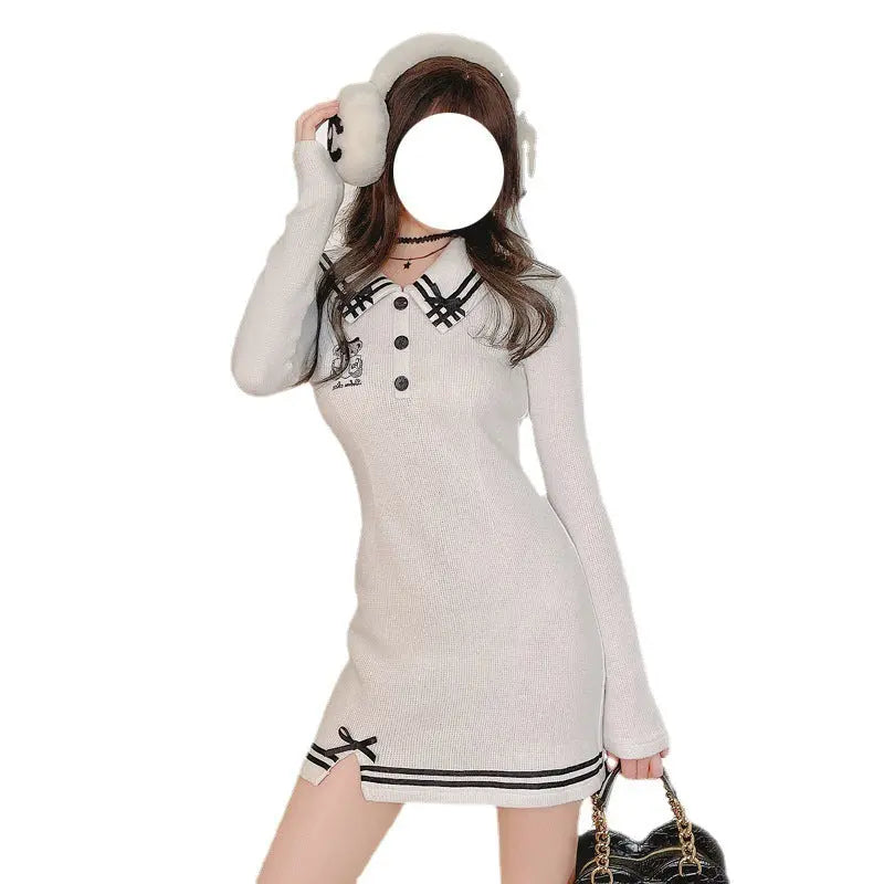 Women's Navy Neck Embroidered Thermal Wool Knit Slim Fit Dress