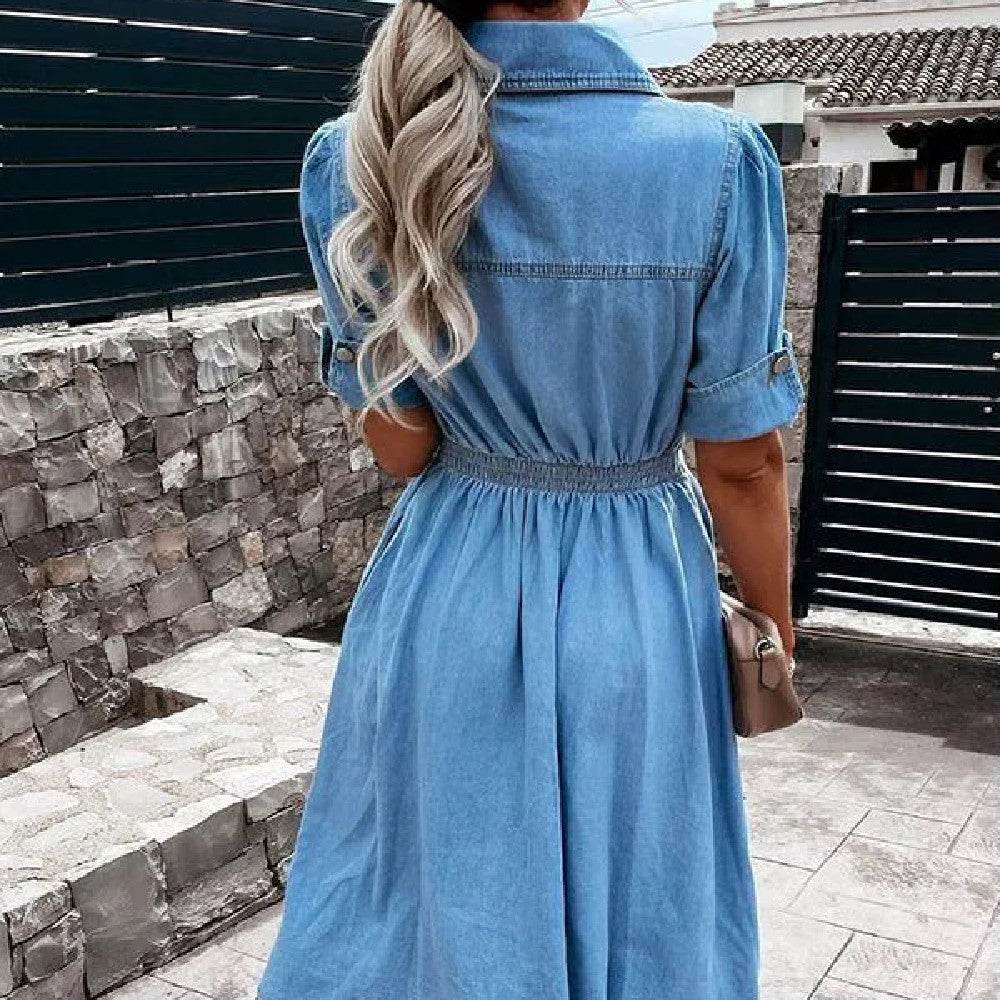 Women's Fashion Casual short sleeve button down  Denim midi Dress