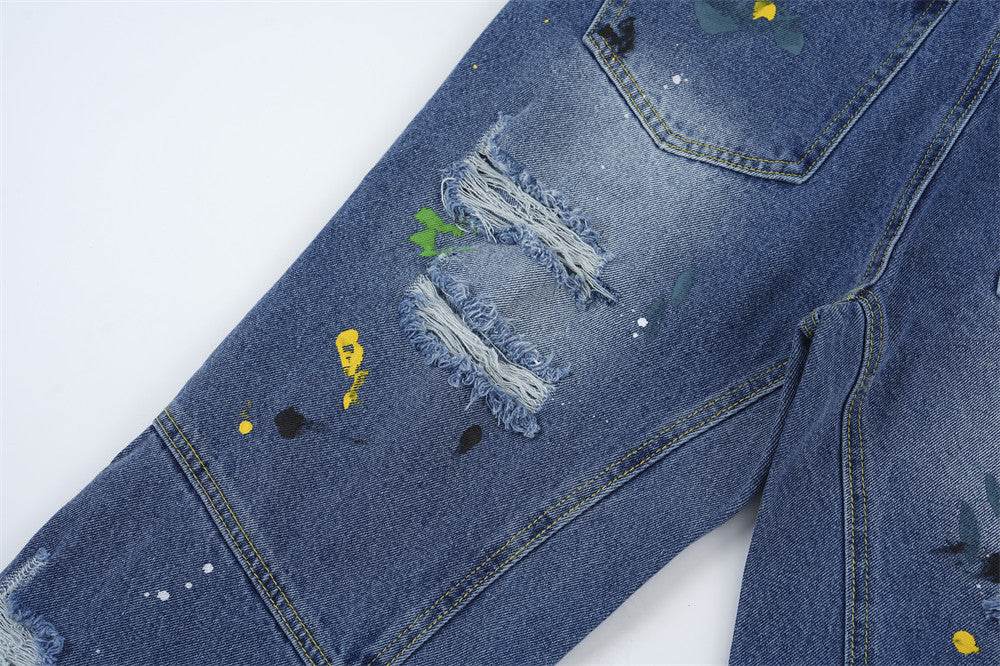 Ripped Paint Wide-leg Denim Trousers For Men Jeans