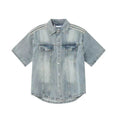 Retro Side Three Bar Stripes Short Sleeve Denim Shirt Outfit Men Jeans