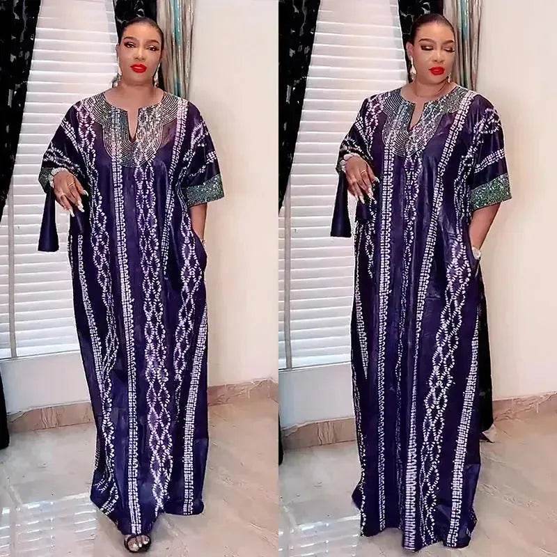 Middle East Striped Loose Robe African Dubai Arabic Satin Hot Drilling Stitching Abaya Buba Dress