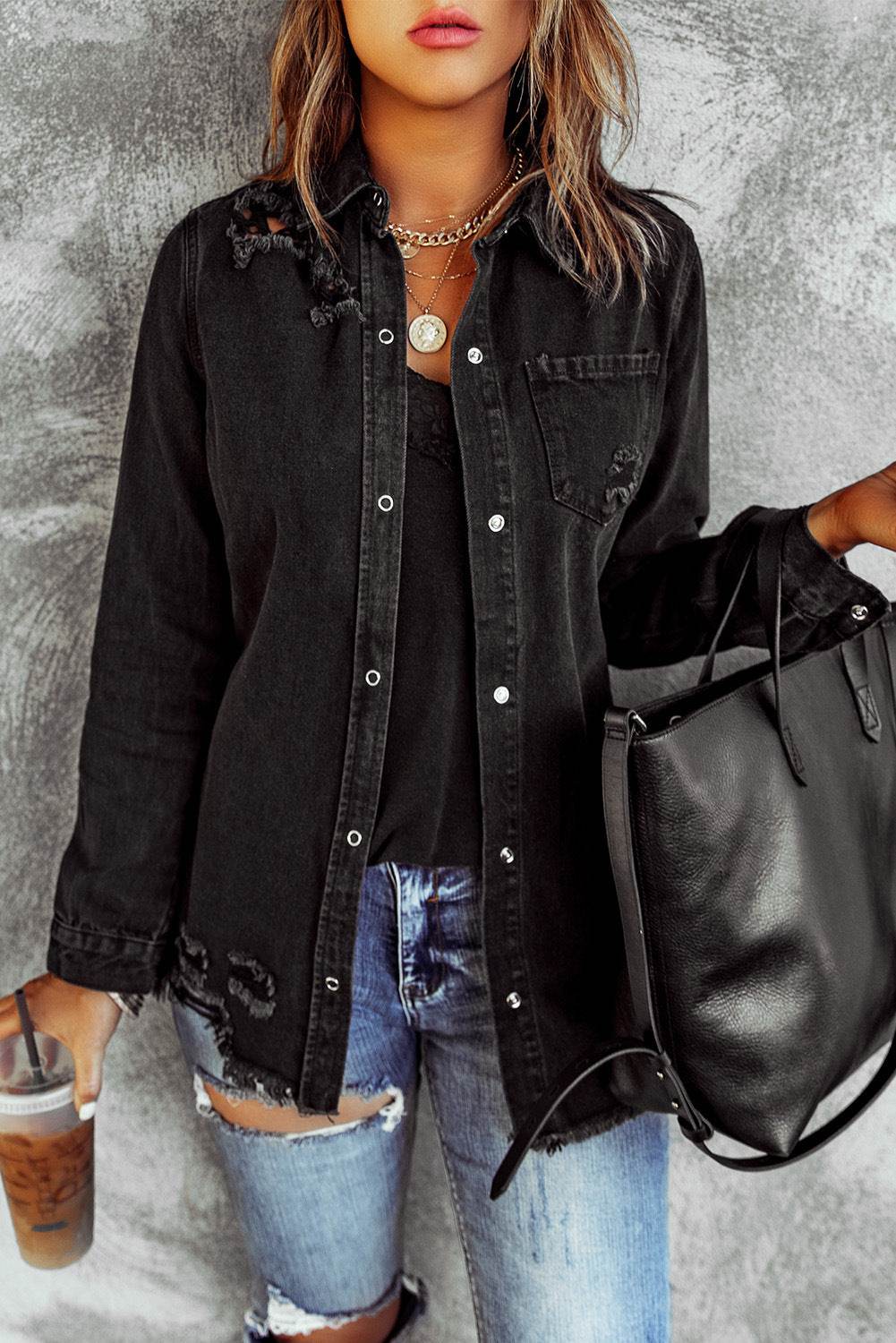 Long Sleeve Jeans Jacket Loose Fit Mid-Length Black