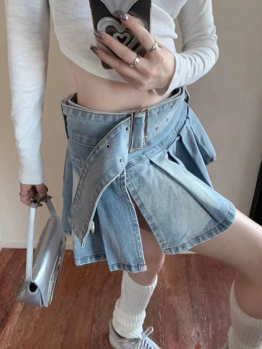 High Waist Slimming Denim Pleated Mini Skirt