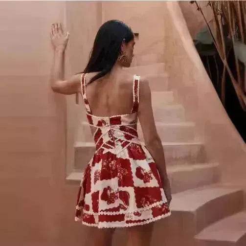 Women's Floral Print V-Neck Sling Dress – Sleeveless Summer Midi Skirt