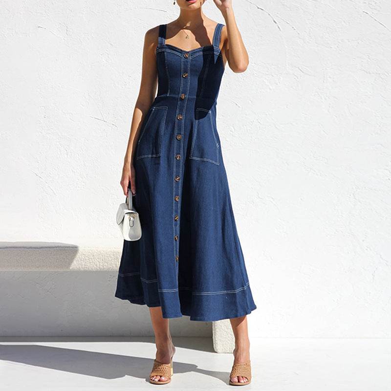 Women Sleeveless Sling Distressed Casual Style Button Denim Long Dress
