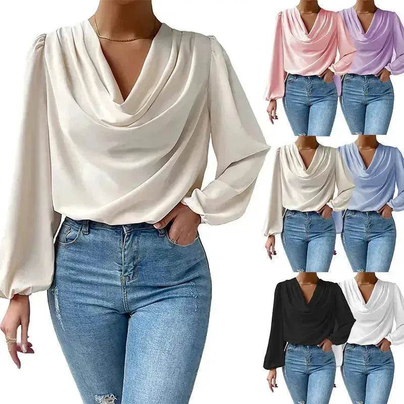 Casual Evening Top for Women Long-sleeved Shirt Loose V-neck chiffon blouse Top women