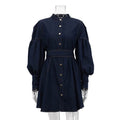 Classy Fashion Lantern Sleeve Button down Denim Shirt flared Mini Dress