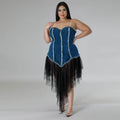 Women's Fashion Sleeveless Denim Stitching Mesh Jeans Tassel Dress