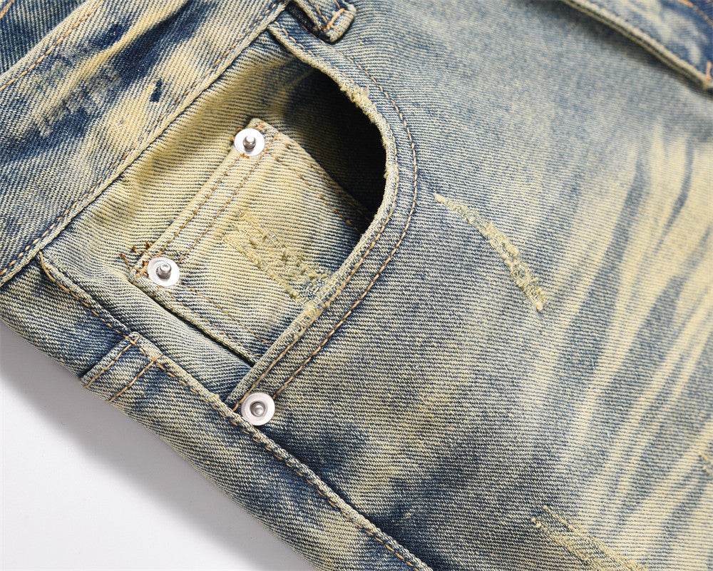 Distressed Scratches Denim Straight-leg Pants Men Jeans